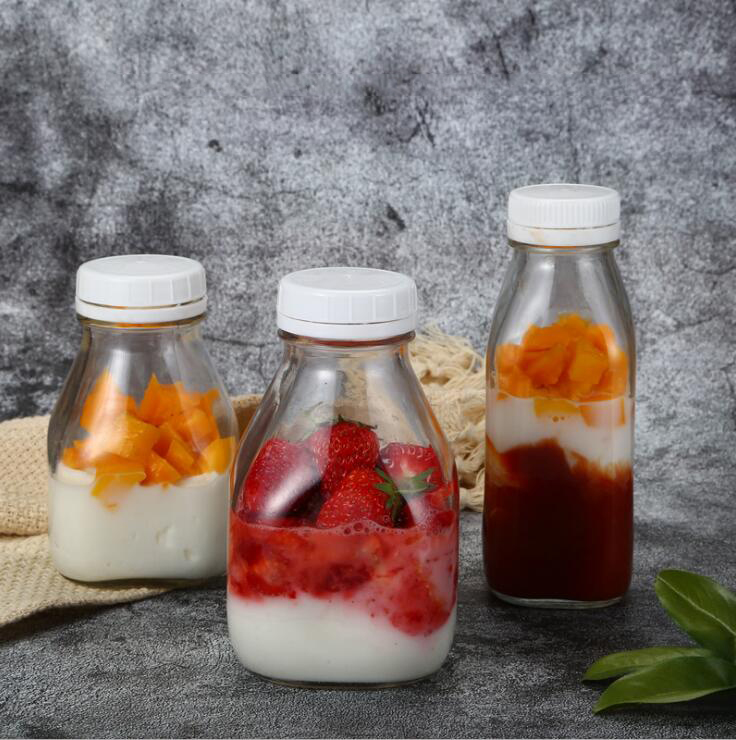 300ml 500ml 1000ml Clear Square Glass tapered Milk Juice Beverage Bottle with Plastic Anti-theft Lid
