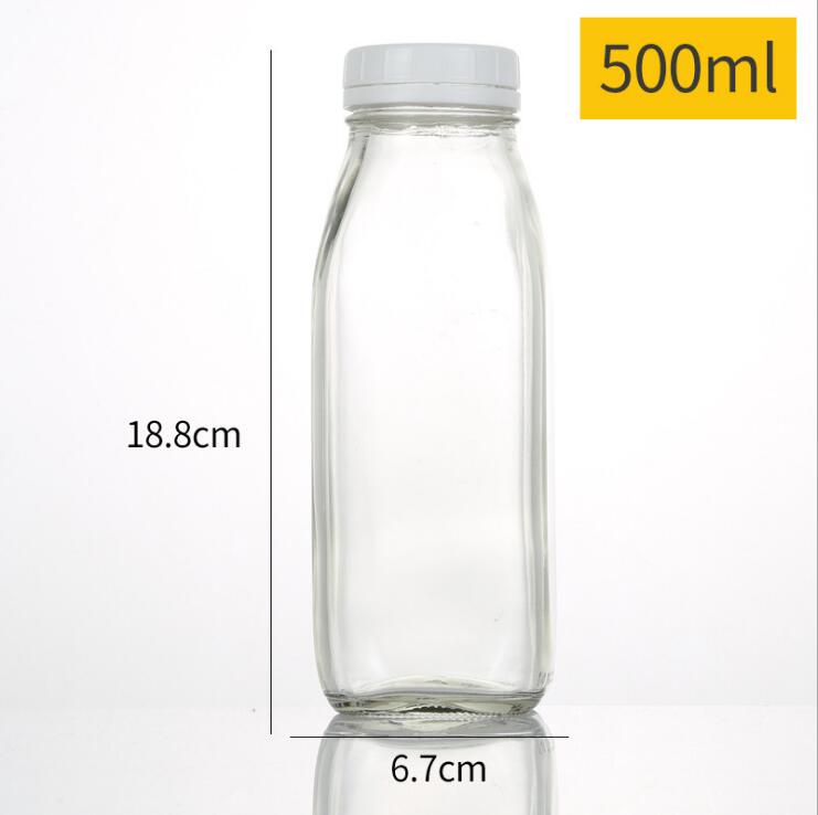 300ml 500ml 1000ml Clear Square Glass tapered Milk Juice Beverage Bottle with Plastic Anti-theft Lid
