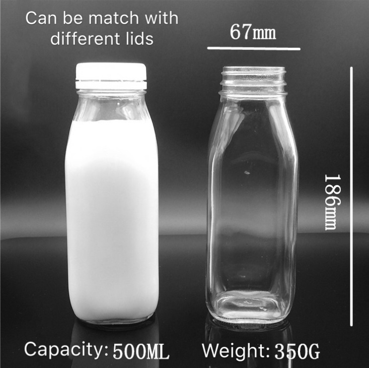 300ml 500ml 1000ml Square French Beverage Milk Juice Yogurt Glass Packing Bottle with Lids