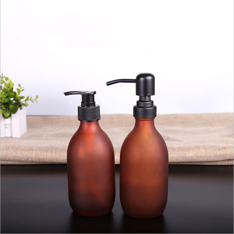 300ml 500ml Amber frosted round glass hand soap bottle with steel pump