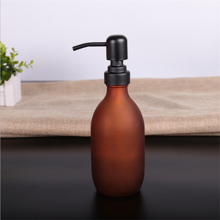 300ml 500ml Amber frosted round glass hand soap bottle with steel pump