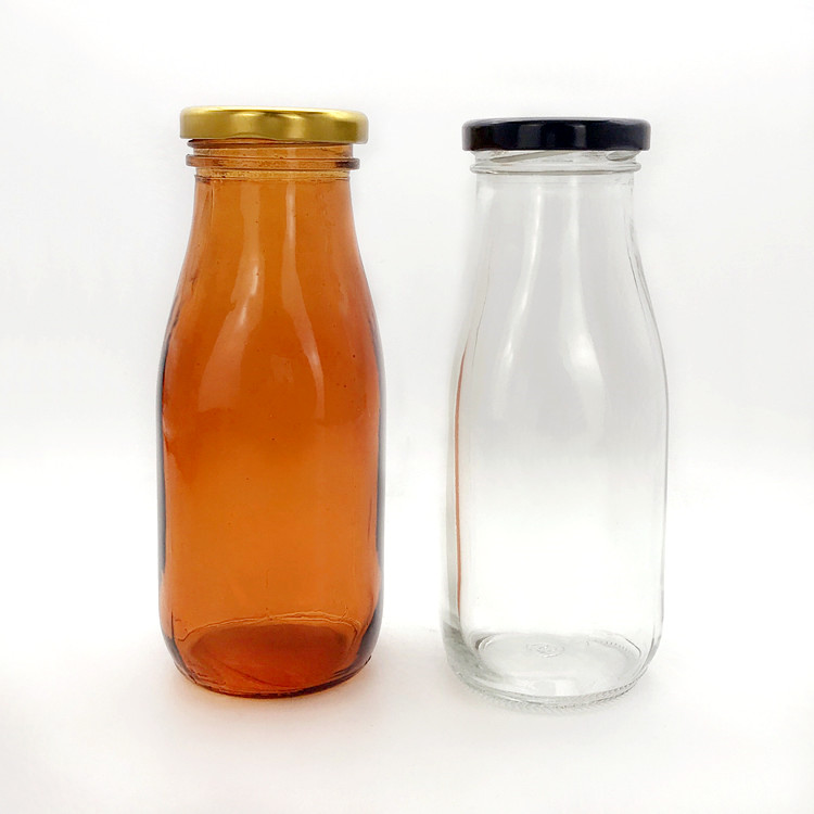 300ml amber and clear square glass drinking bottle for milk with metal lid
