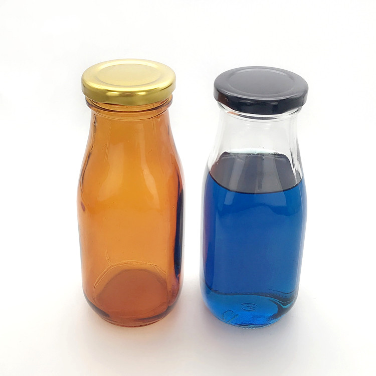 300ml amber and clear square glass drinking bottle for milk with metal lid