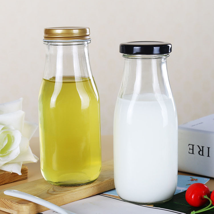 300ml glass juice milk bottle with screw color metal cap