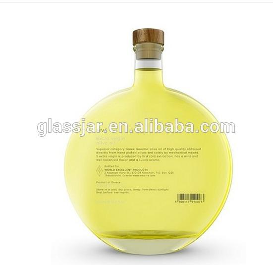 300ml printed and cork style flat round glass milk /olive oil bottle