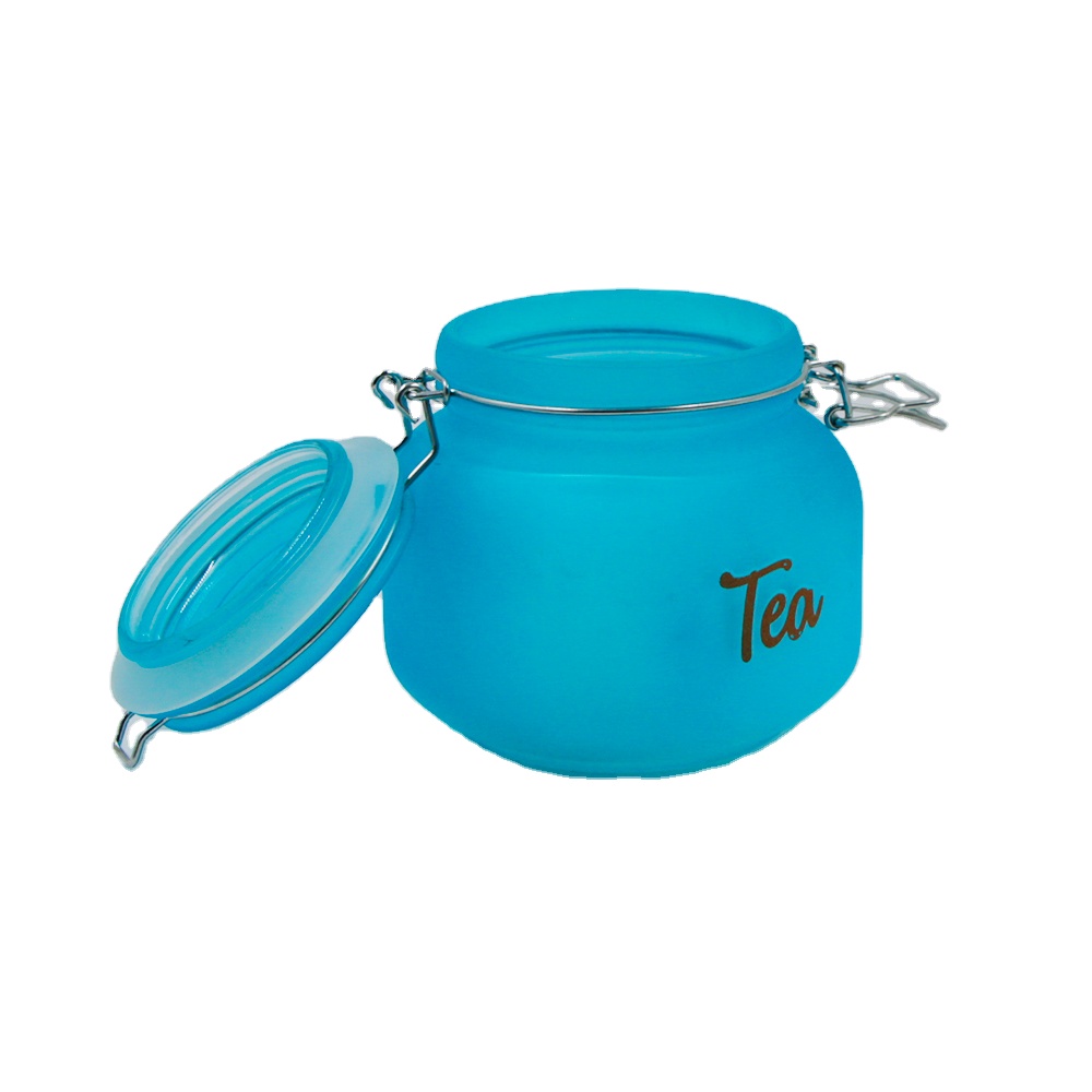 300ml sprayed colorful  blue  round glass   canister with clip airtight lid for tea storage