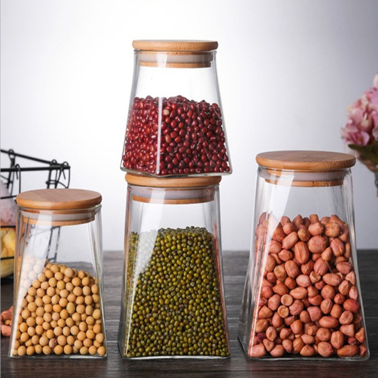 300ml square stackable spice frosted glass jar set with bamboo lid