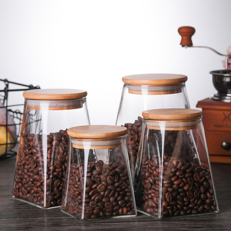 300ml square stackable spice frosted glass jar set with bamboo lid