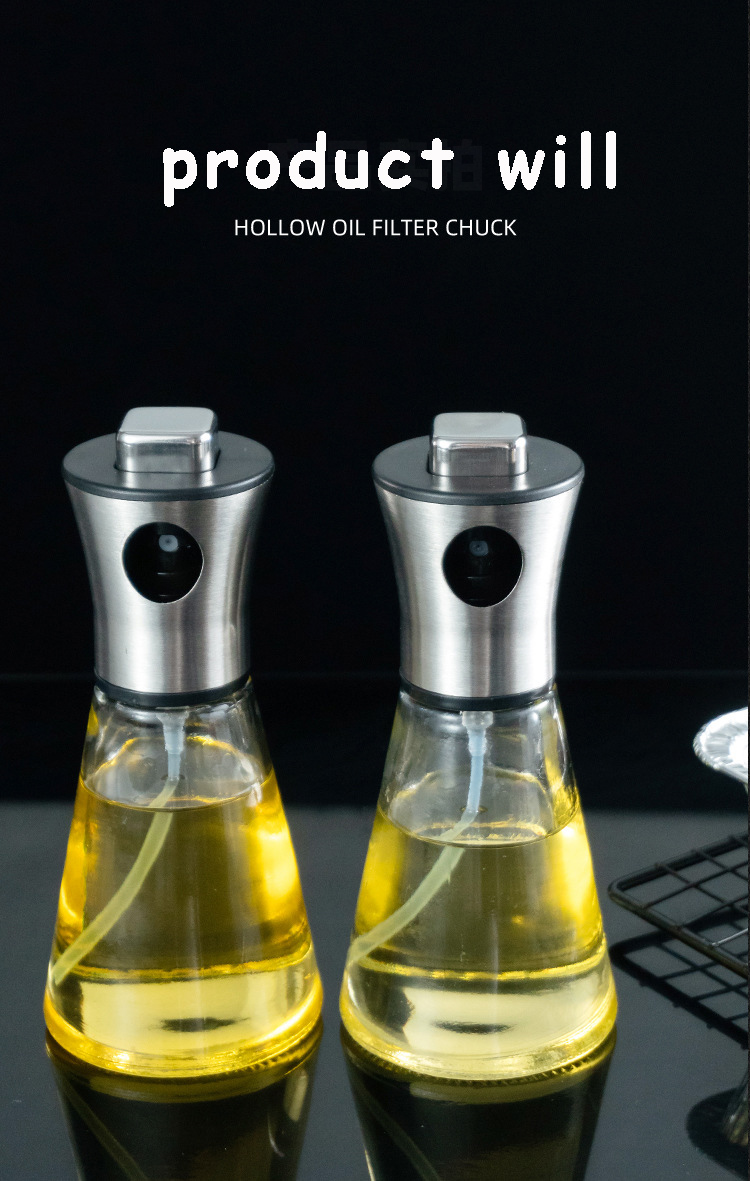 304 Stainless Steel + Glass Oil Spray Can Press Spray Filter Kitchen Utensils Fitness Control Bottle