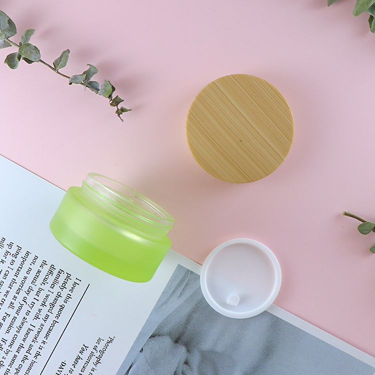 30G Green empty frosted cream glass jar bottle with bamboo lid