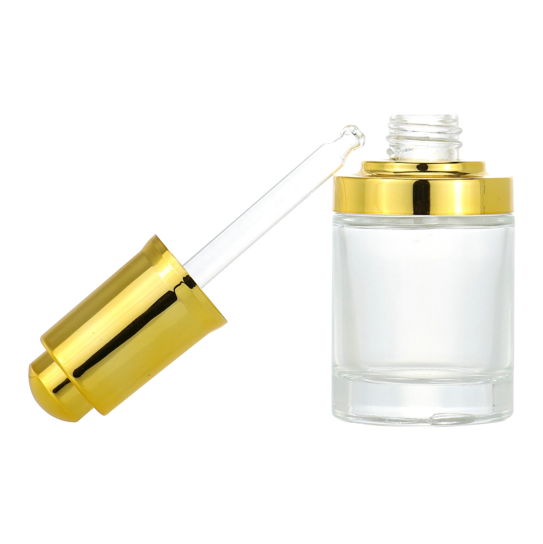 30ML Thick Bottom Clear Glass Flat Shoulder Serum Press Dropper Bottle For Cosmetic Essential Oil Package 1oz