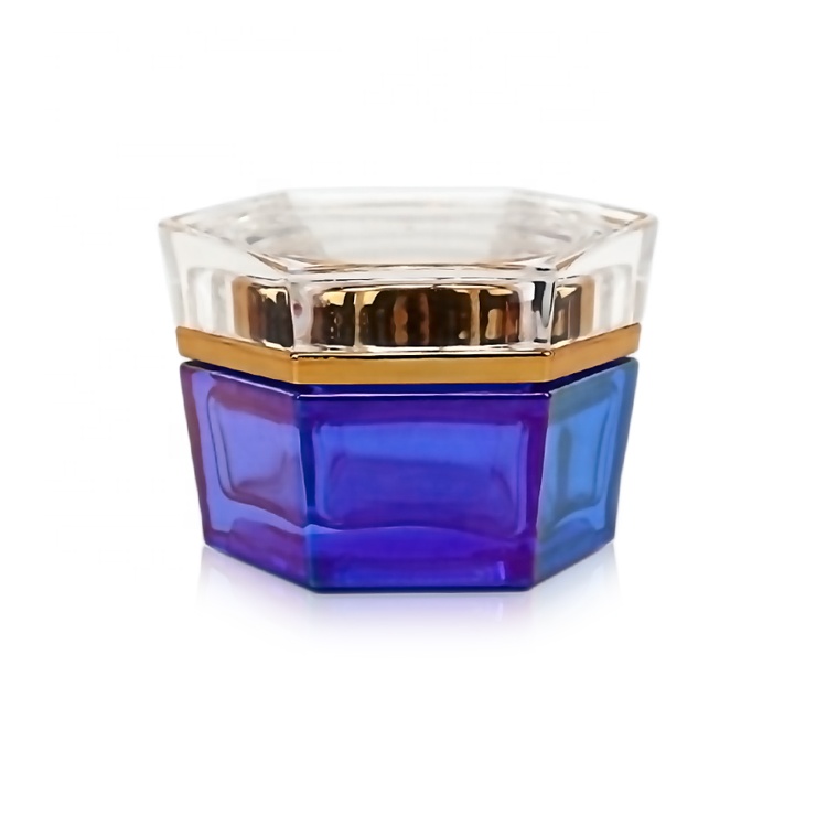 30g 1oz hexagonal electroplated blue glass jar with clear screw cap