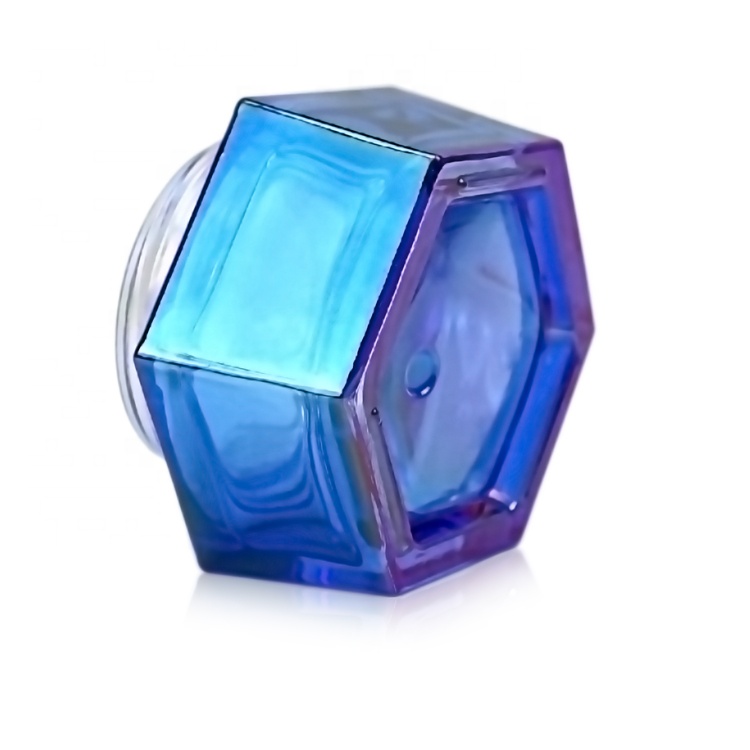 30g 1oz hexagonal electroplated blue glass jar with clear screw cap