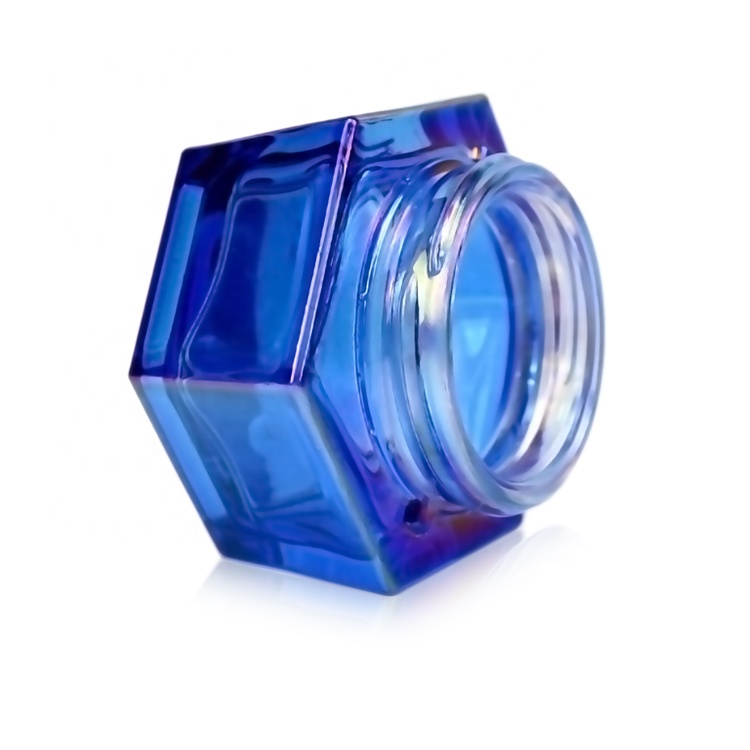 30g 1oz hexagonal electroplated blue glass jar with clear screw cap
