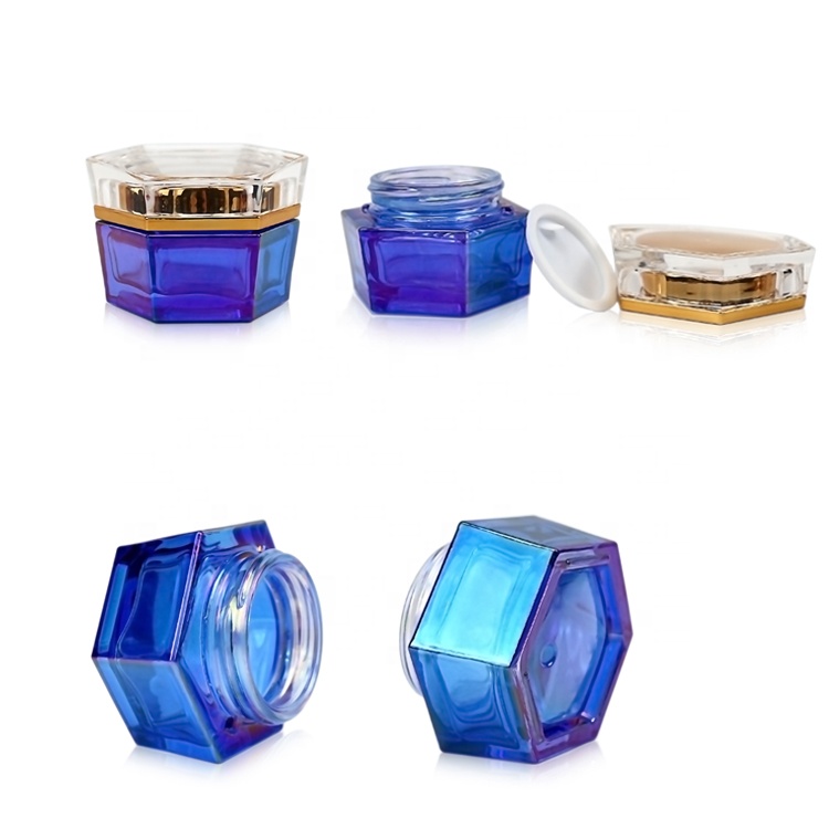 30g 1oz hexagonal electroplated blue glass jar with clear screw cap
