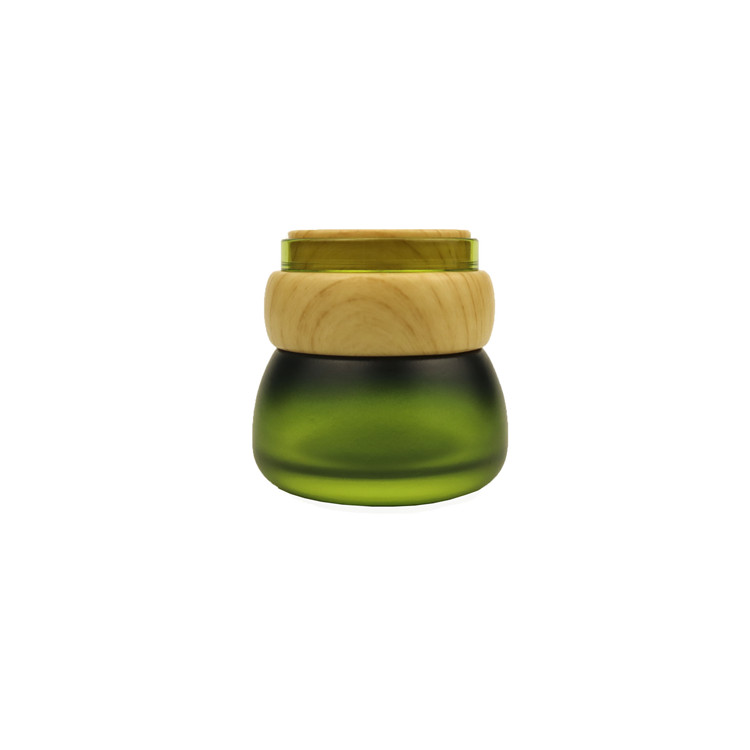 30g 30ml 50g 50ml custom colour frosted matte green glass cosmetic cream jar with lid with Wooden grain cover cap lid