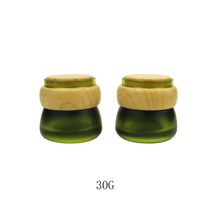 30g 30ml 50g 50ml custom colour frosted matte green glass cosmetic cream jar with lid with Wooden grain cover cap lid
