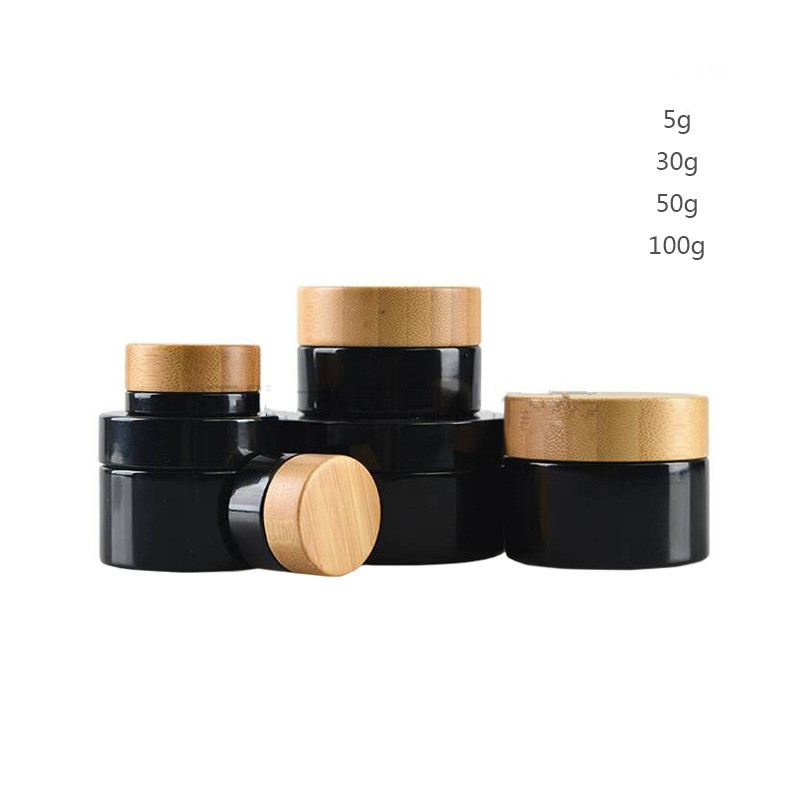 30g 50g 100g Environmental empty bamboo cosmetic lid black frosted glass jar cosmetic packing bottles package in good price