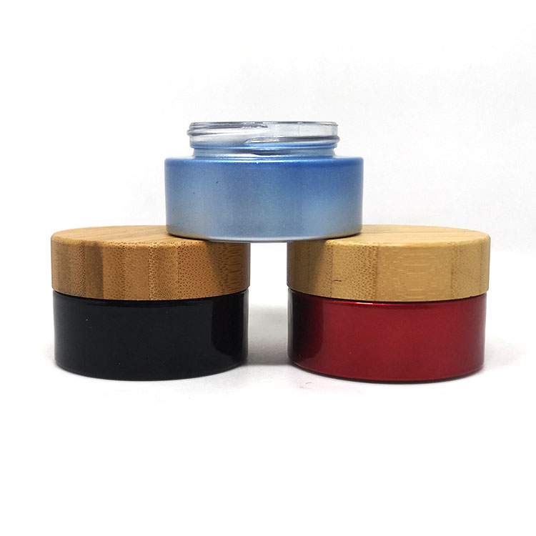 30g 50g 100g clear black blue green pink glass cream cosmetic jars bamboo lid logo engraving