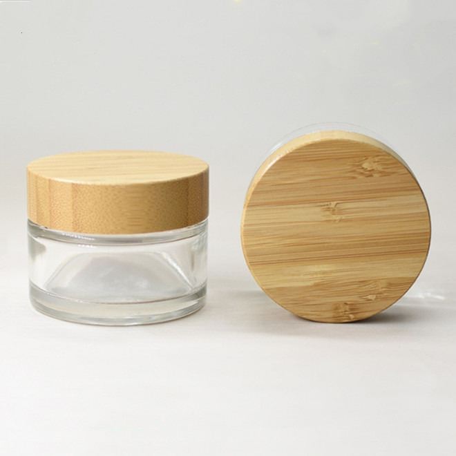 30g 50g 100g clear empty cosmetic glass jar pot with bamboo lid in stock