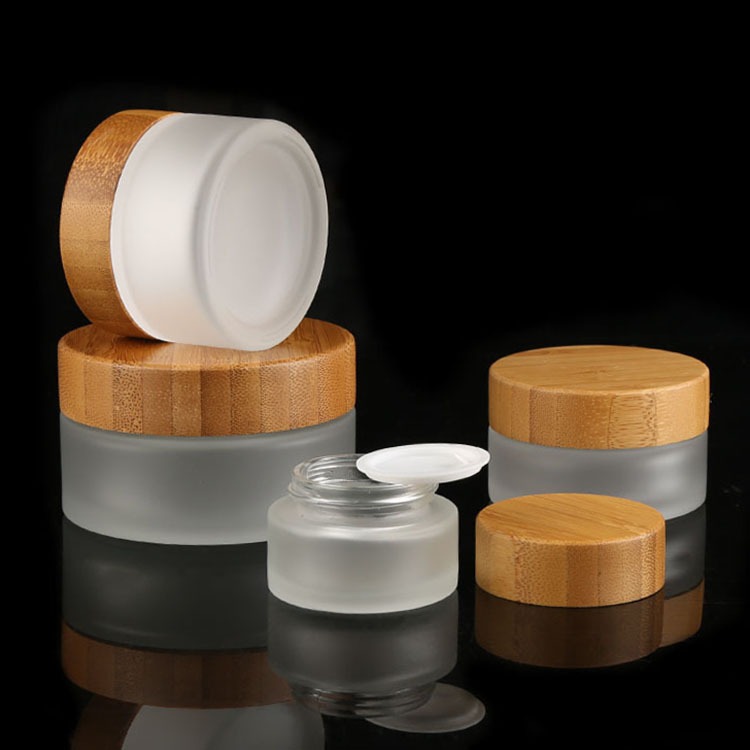 30g 50g 100g face cream cosmetic glass jar frosted jars with wooden caps engraving bamboo lid