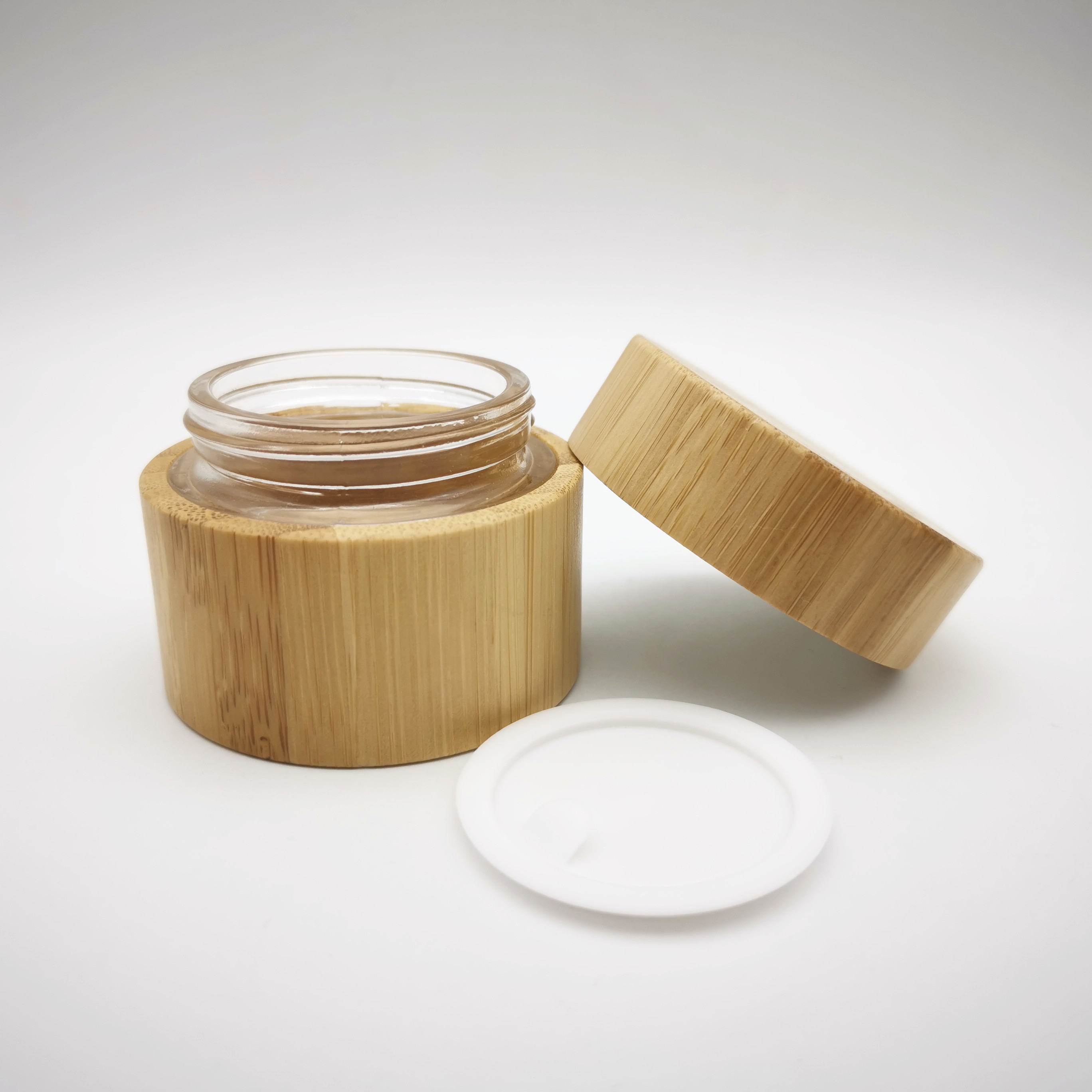 30g 50g Glass Cosmetic Containers Jars with bamboo wooden lid bamboo packaging tube wholesale glass jars