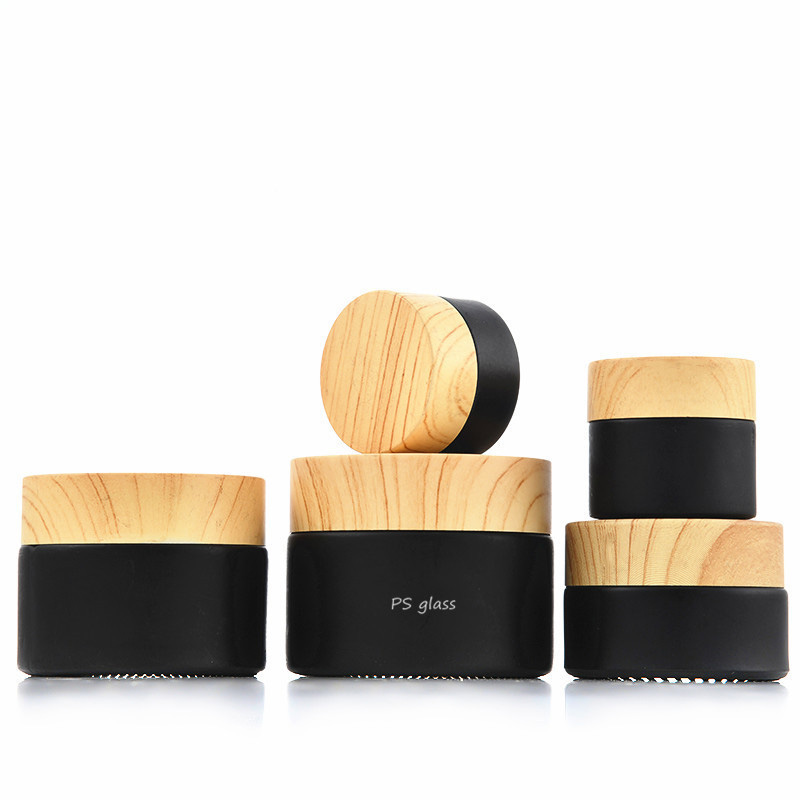 30g 50g black cosmetic jars glass cosmetic packaging cream jar with bamboo lid