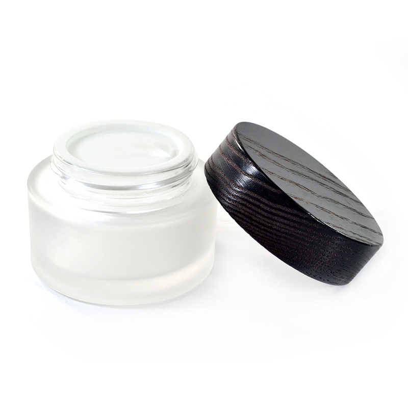 30g 50g frosted glass cream cosmetic jar with brown bamboo wood lid