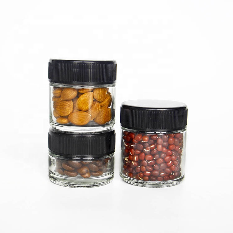 30g 60g 90g Straight Sided Glass Jars With Black Ribbed Plastic Screw Cap