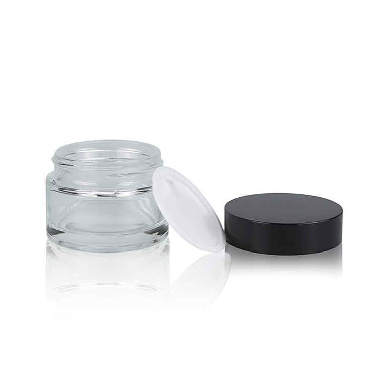 30g Clear glass cream jar with plastic black cap