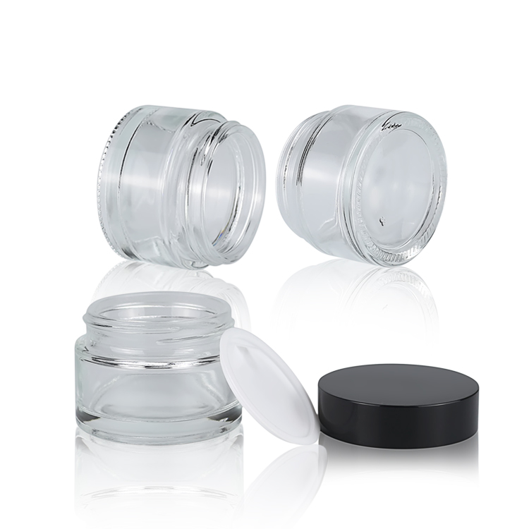 30g Clear glass cream jar with plastic black cap