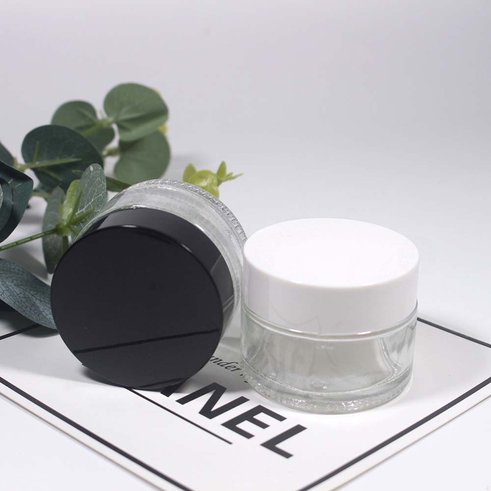30g Empty glass can  cosmetic cream clear glass  jar with white and black plastic covers