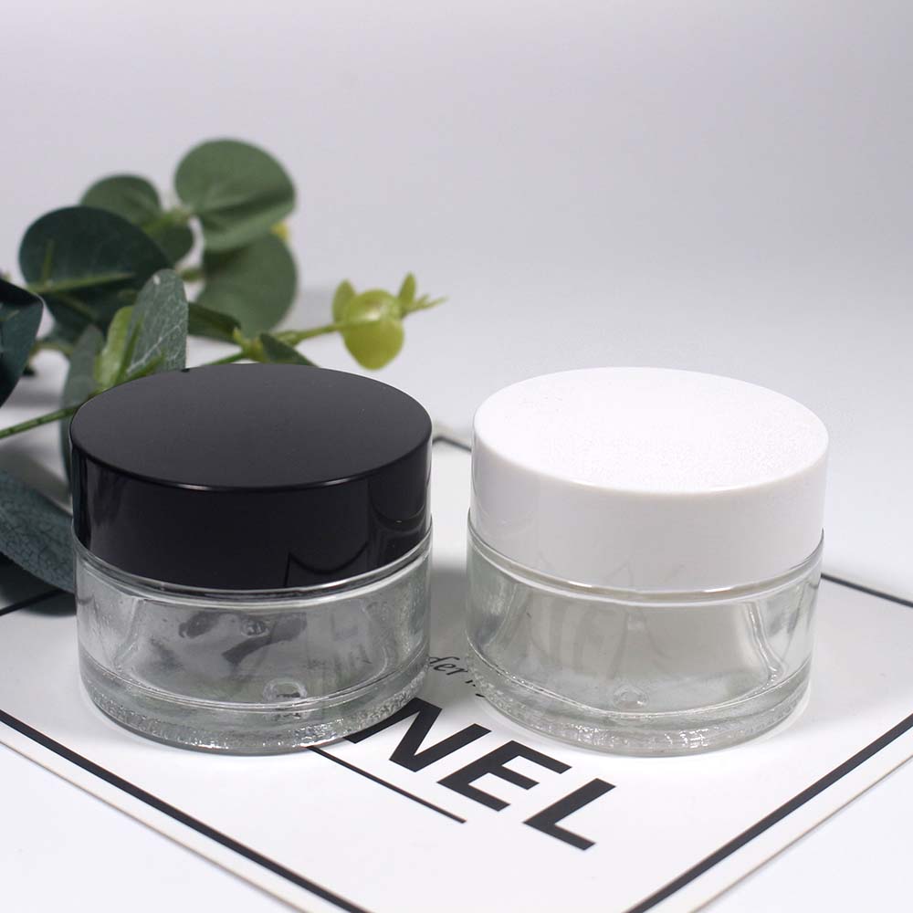 30g Empty glass can cosmetic cream clear glass jar with white and black plastic covers