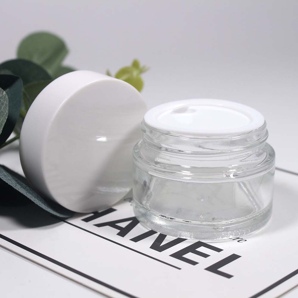 30g Empty glass can cosmetic cream clear glass jar with white and black plastic covers