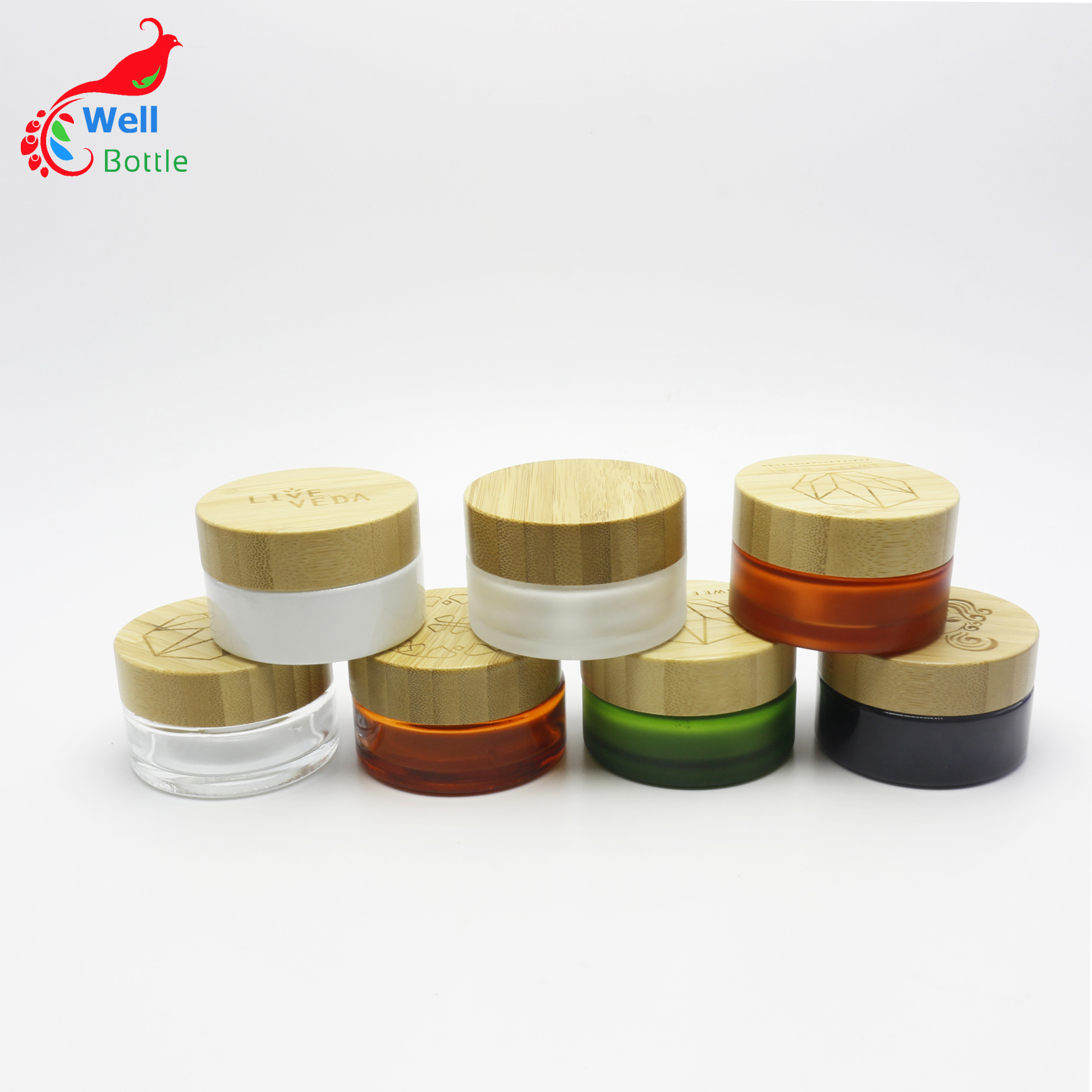 30g Frosted black white green blue glass jar Cosmetic Container Glass Cosmetic cream pot bamboo J048E