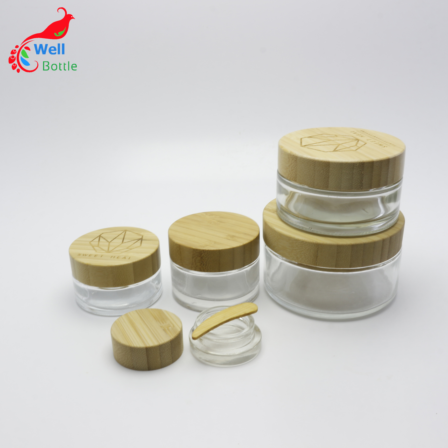 30g Frosted black white green blue glass jar Cosmetic Container Glass Cosmetic cream pot bamboo J048E