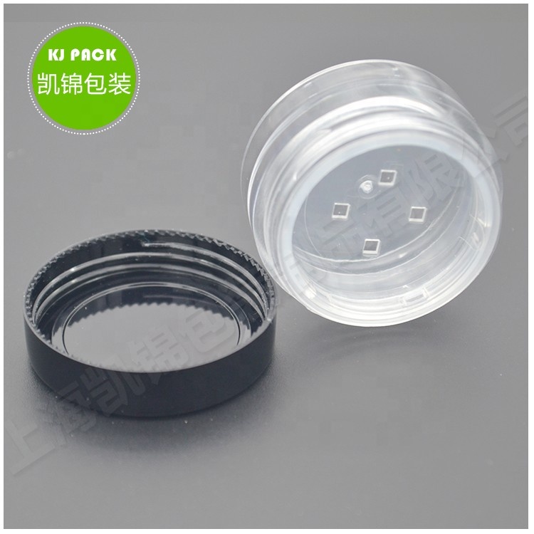 30g Low MOQ custom logo black round plastic cosmetic loose powder jar with sifter in stock