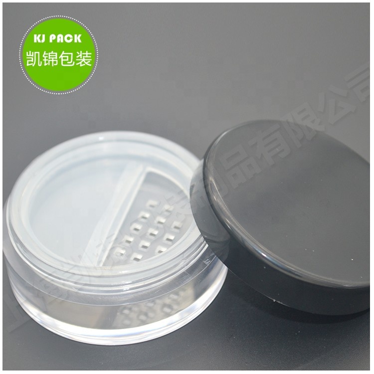 30g Low MOQ custom logo black round plastic cosmetic loose powder jar with sifter in stock