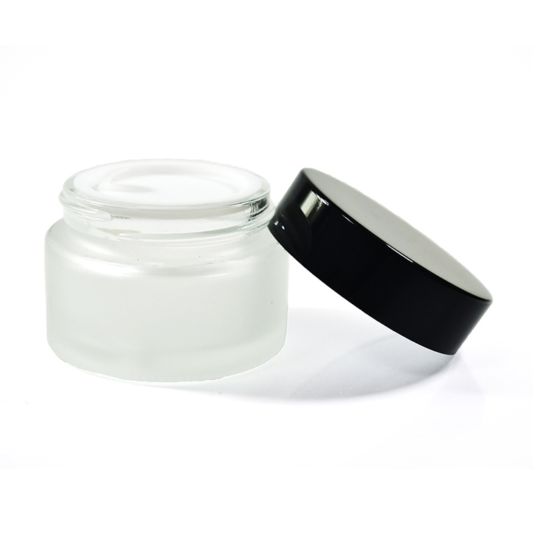 30g clear frosted glass cream jar with black aluminum lid