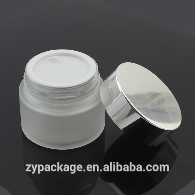 30g clear frosting glass jar with shinny silver metal collar lid for skin care cream