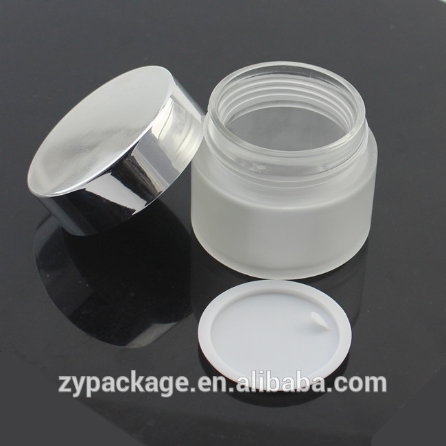 30g clear frosting glass jar with shinny silver metal collar lid for skin care cream