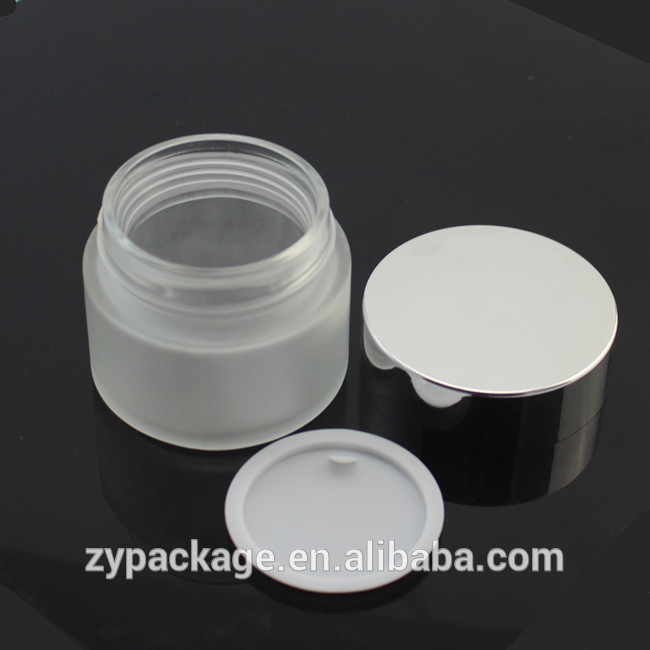 30g clear frosting glass jar with shinny silver metal collar lid for skin care cream
