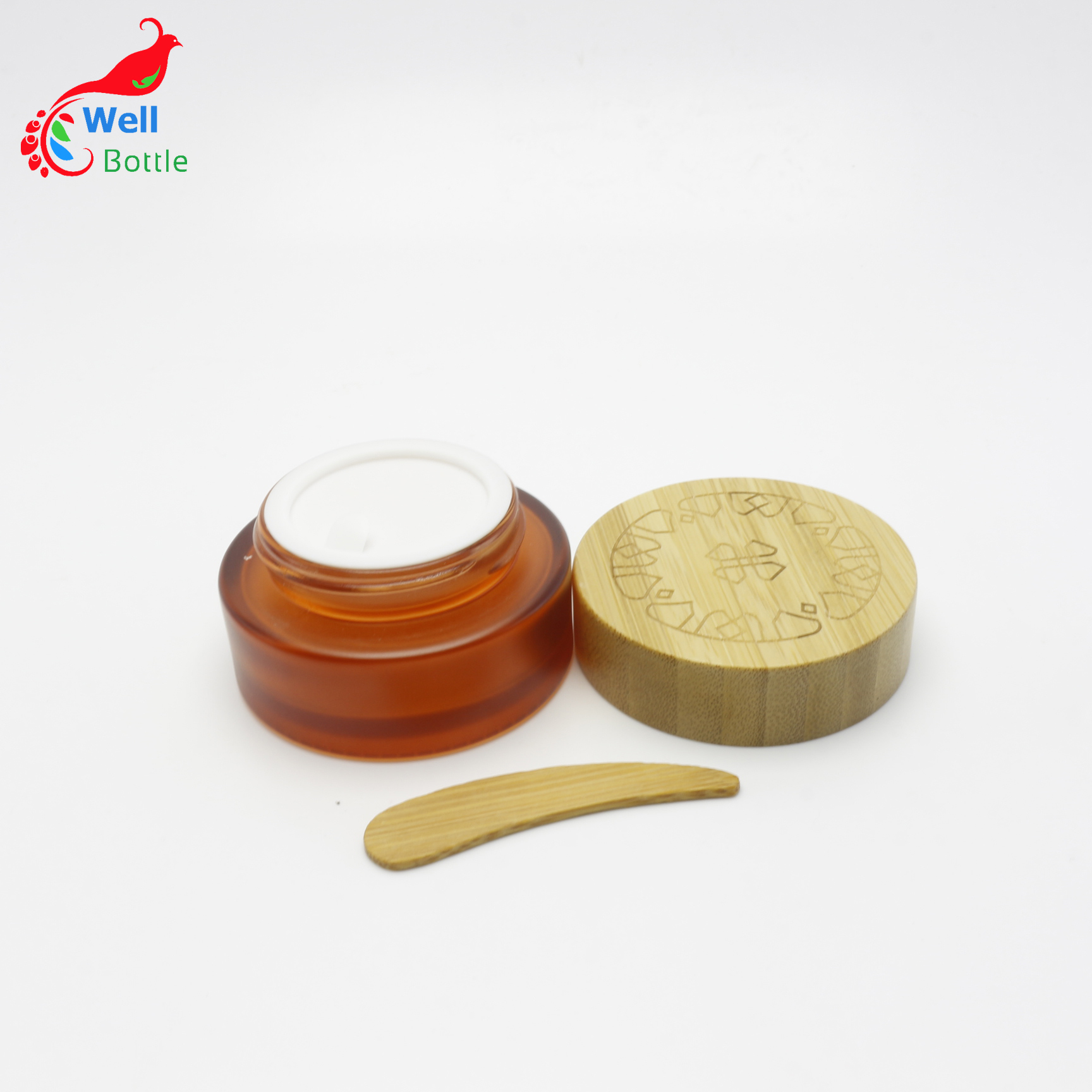 30g frosted amber brown glass cosmetic jars cream glass bamboo lid contianer with logo J112E