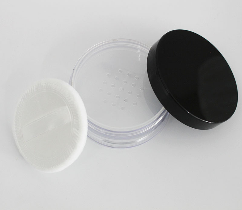 30g loose powder empty jar plastic black glossy cover cosmetic packaging container with sieve and puff