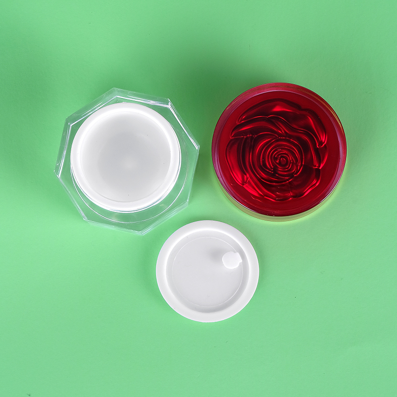30g luxury in stock ready to ship red plastic container with rose lid acrylic cream jar for skin care packaging