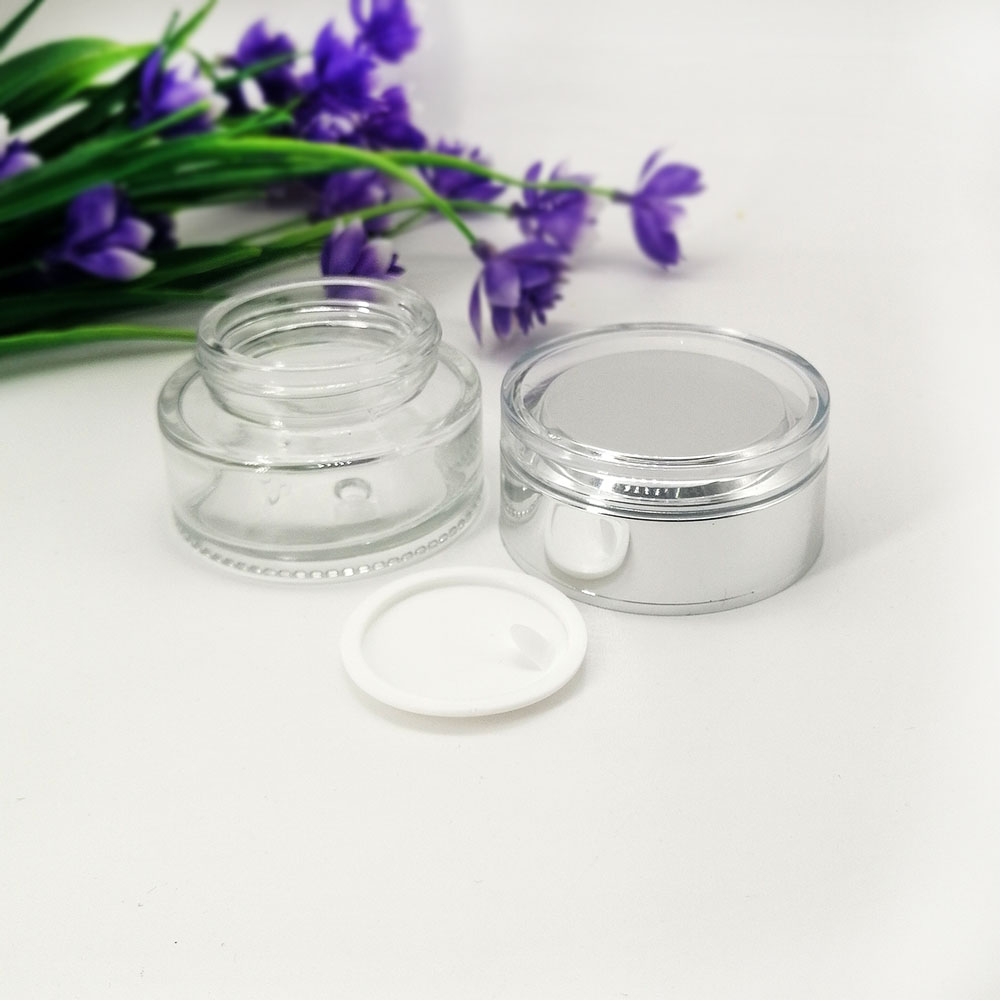 30g transparent glass cosmetic jar Skin care packaging jars with plastic acrylic silver lid Glass cream empty bottle