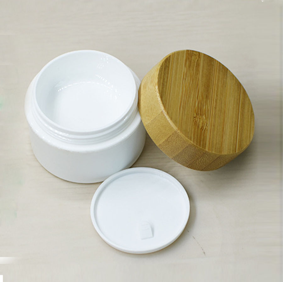 30g white plastic cream empty jar mask skin cream packaging PP container with eco friendly wood grain bamboo lid