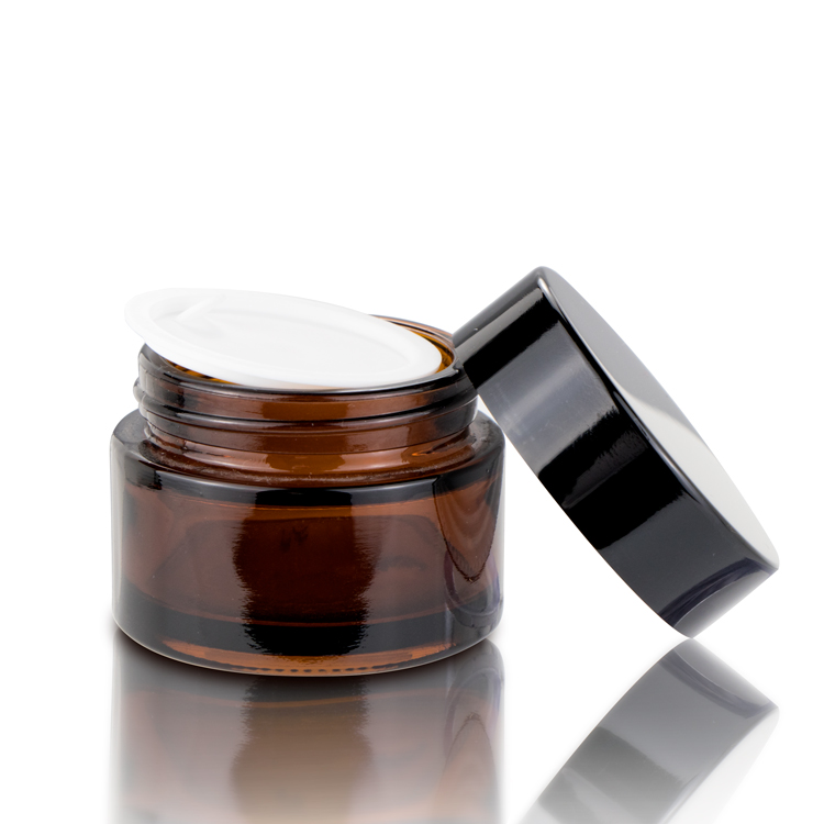 30gram amber glass cosmetic container glass cream jar with black plastic lid