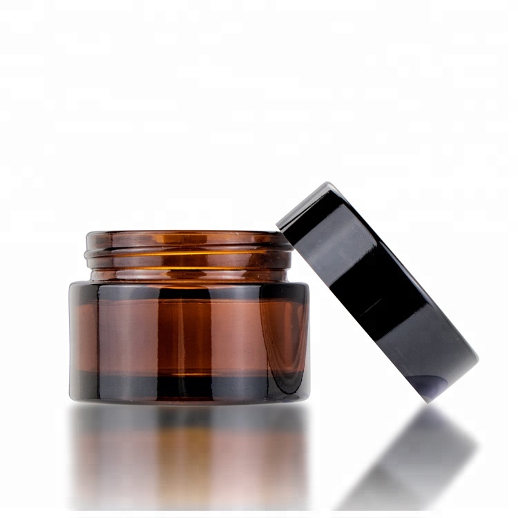 30gram amber glass cosmetic container glass cream jar with black plastic lid