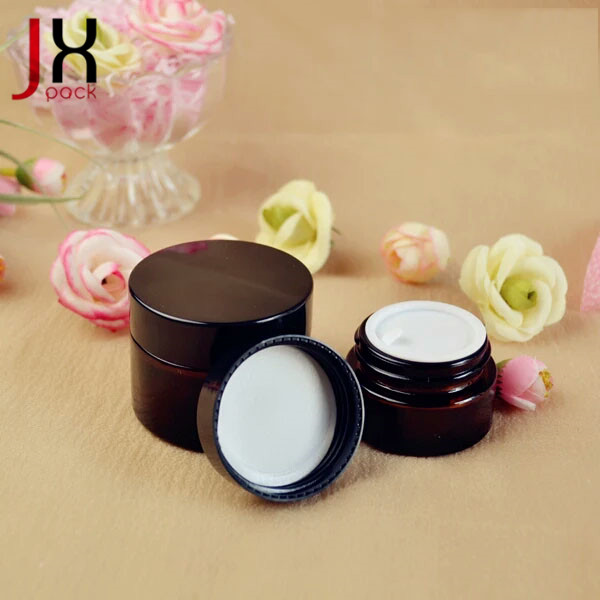 30gram amber glass cosmetic container glass cream jar with black plastic lid